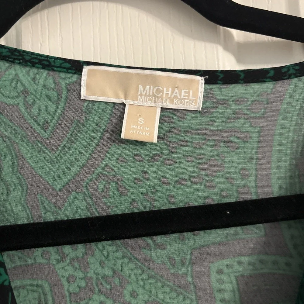 Michael Kors Paisley Rouched Side Dress Midi Cowl Green Black Bodycon Size Small